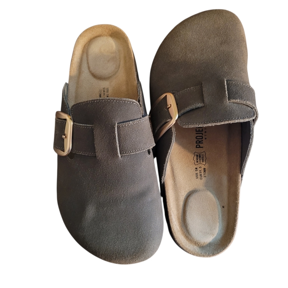 Women’s Brown Suede Slide Clogs with Buckle